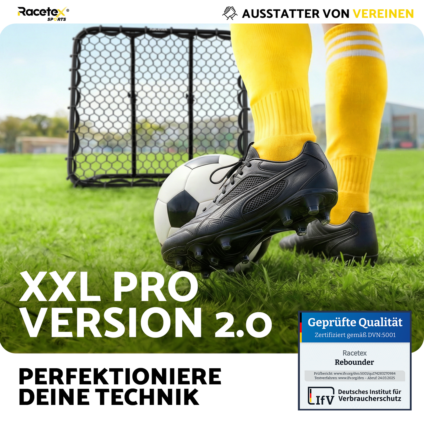 Racetex Rebounder für Fußball XXL [125cm x 125cm] - Fussball Rebounder mit robuster Konstruktion und stufenlos verstellbarem Winkel - Rebounder für optimales Schuss- und Annahme-Training