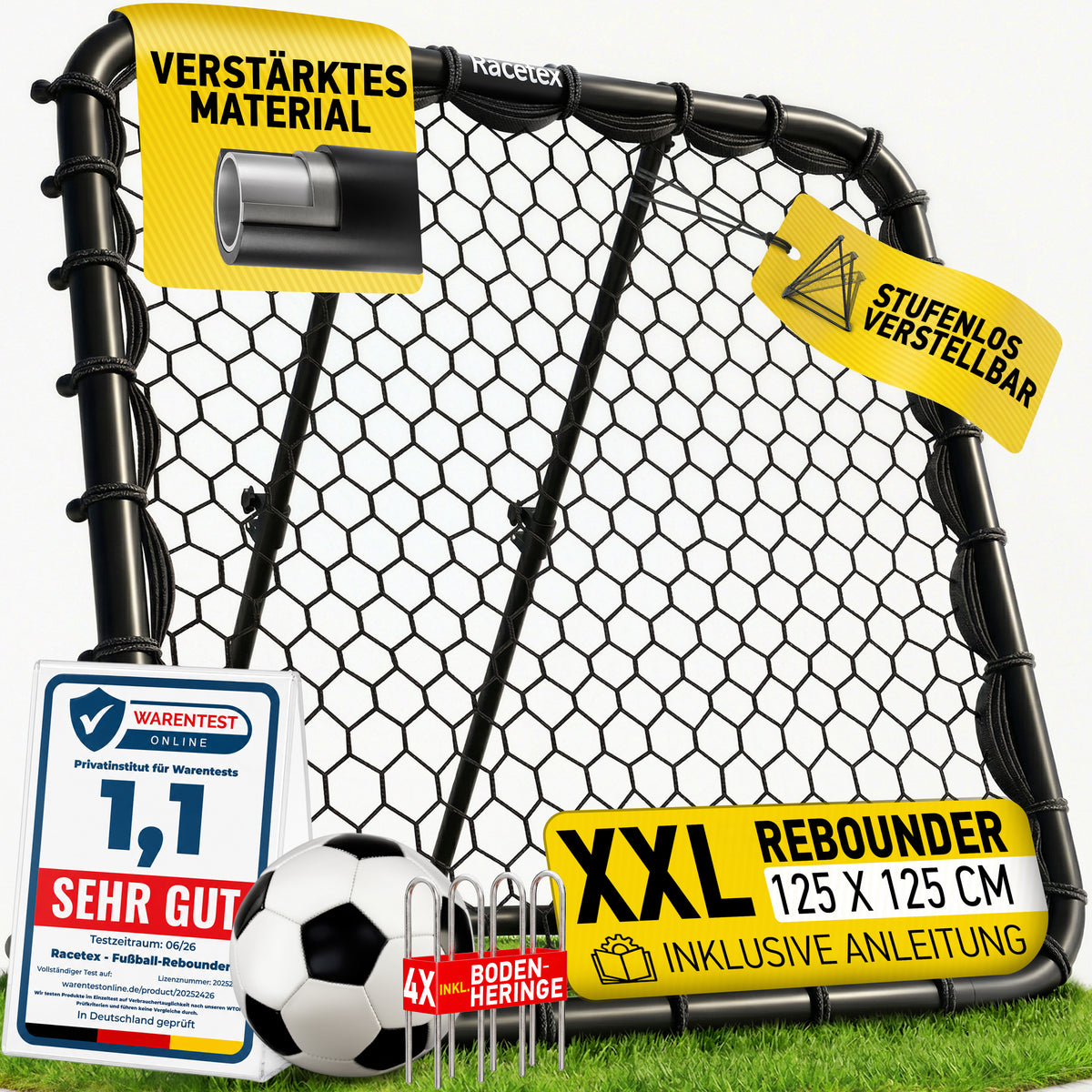 Racetex Rebounder für Fußball XXL [125cm x 125cm] - Fussball Rebounder mit robuster Konstruktion und stufenlos verstellbarem Winkel - Rebounder für optimales Schuss- und Annahme-Training