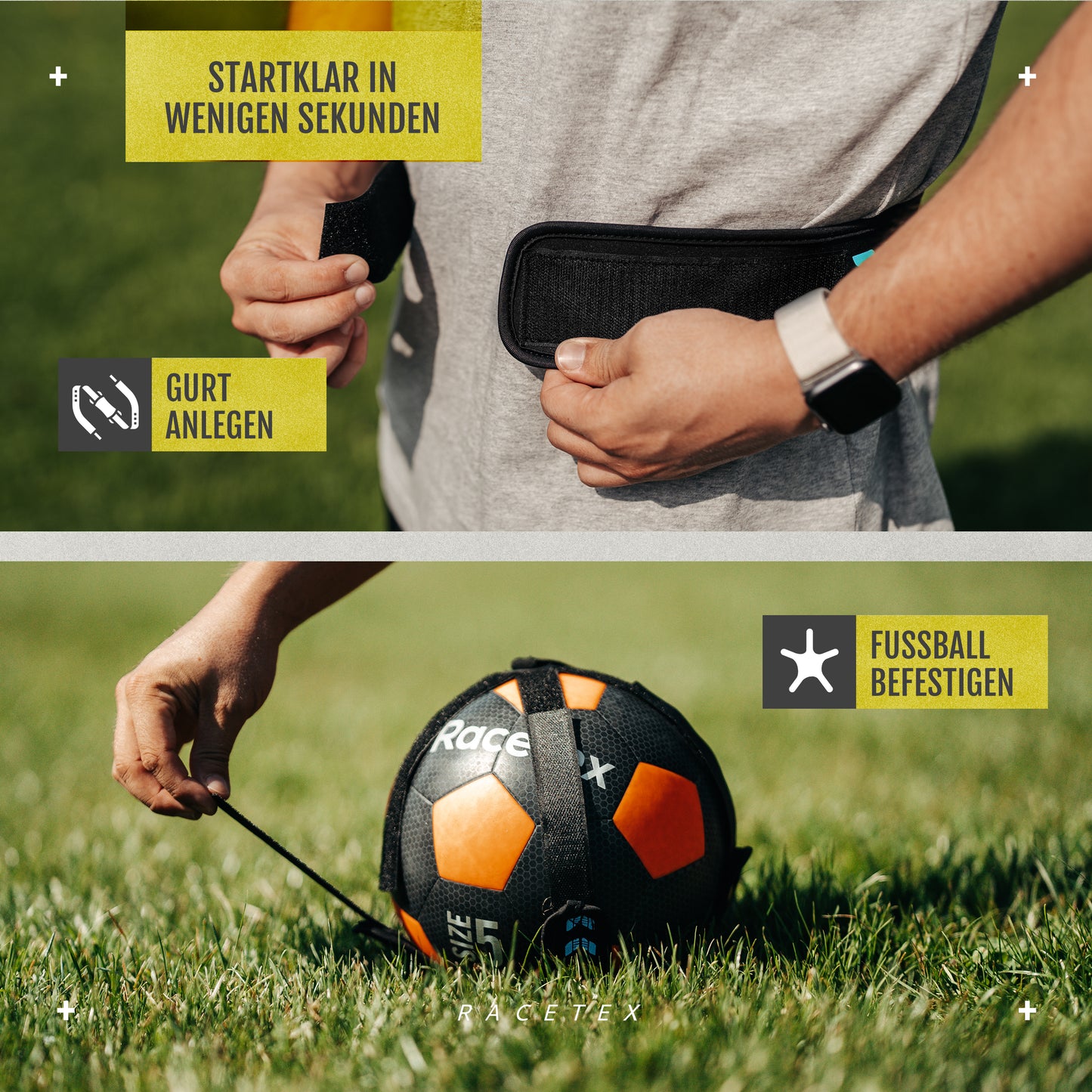 Racetex Fussballtrainer mit Schnur [EINSTELLBARE LÄNGE] - Das perfekte Trainingsgerät für Fußballer - Fussball Trainer Zubehör für Vereinskicker - Fußballtrainingsgürtel Geschenkidee