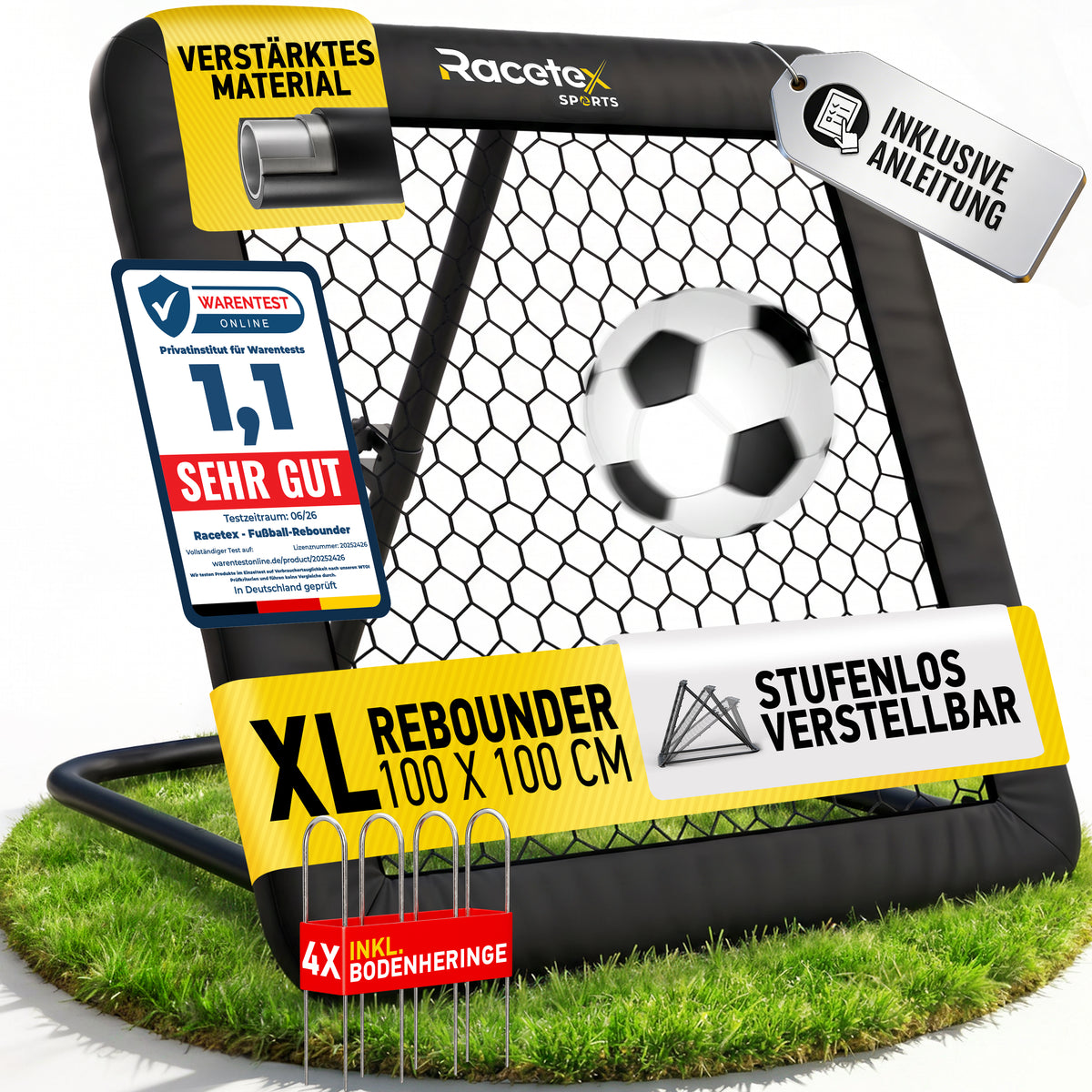 Racetex Rebounder für Fußball 100x100 cm [MIT COVER] - Fussball Rebounder mit robuster Konstruktion - Stufenlos Verstellbar - Rebounder für optimales Schuss-, Pass- und Annahme-Training