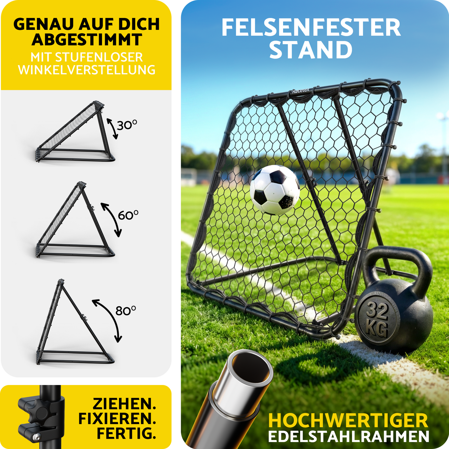 Racetex Rebounder für Fußball XXL [125cm x 125cm] - Fussball Rebounder mit robuster Konstruktion und stufenlos verstellbarem Winkel - Rebounder für optimales Schuss- und Annahme-Training