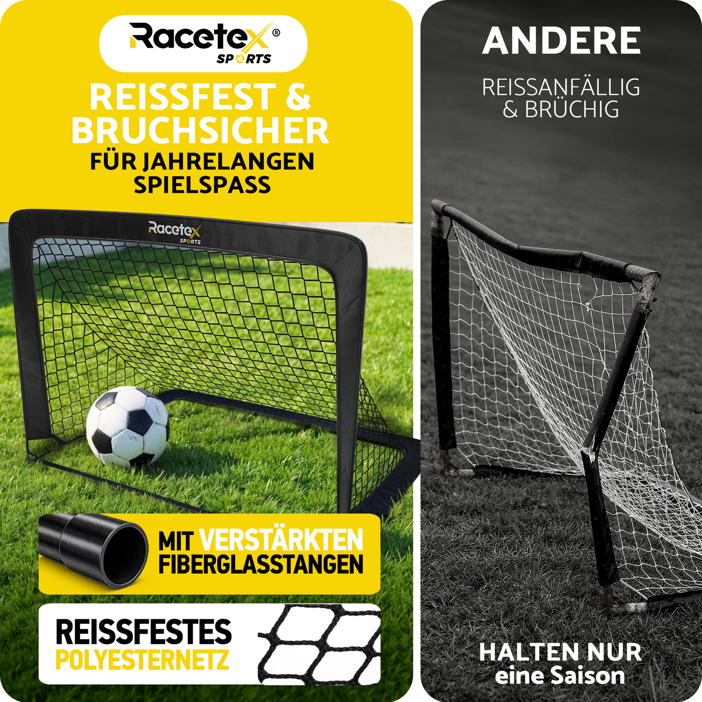 Racetex 2er Fußballtor Kinder Set - Fußball Tore inkl. nützlicher Tasche zum Transportieren - Version mit verstärkten Glasfaserstangen - Fussballtore für den Garten oder Park