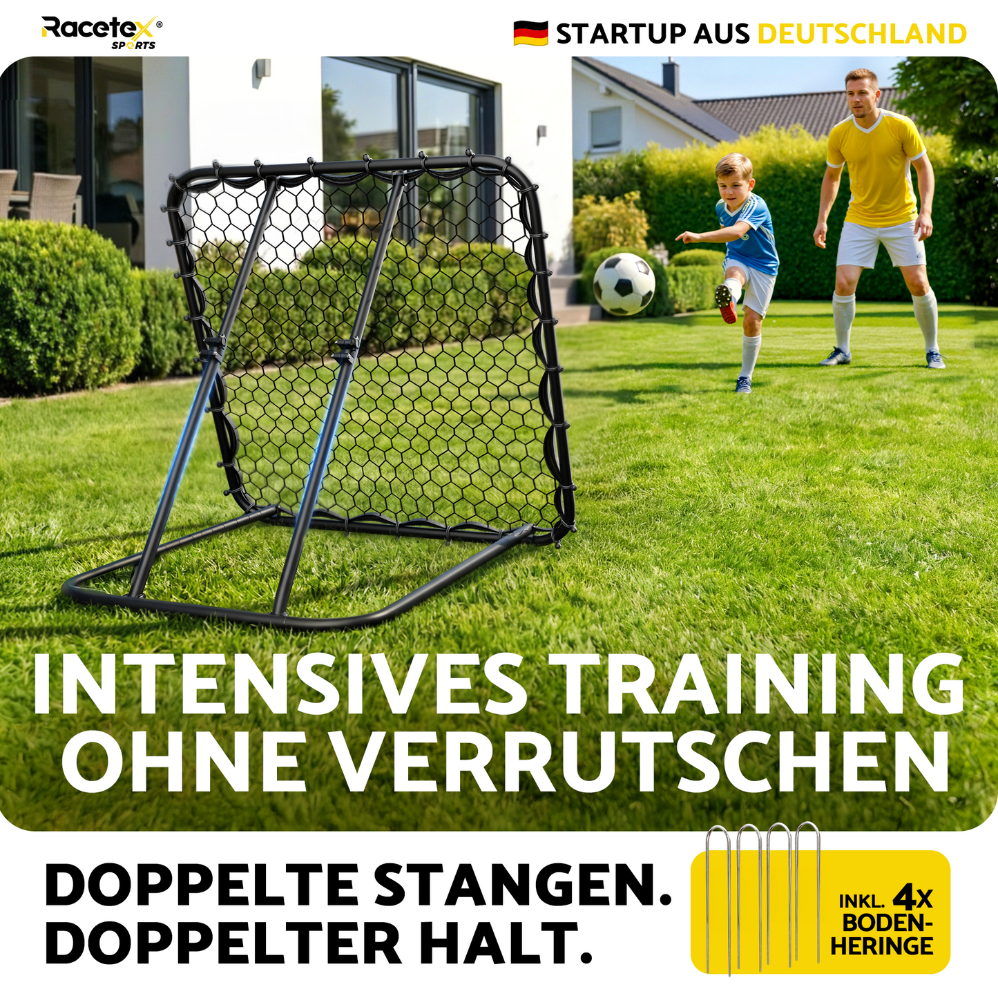 Racetex Rebounder für Fußball XXL [125cm x 125cm] - Fussball Rebounder mit robuster Konstruktion und stufenlos verstellbarem Winkel - Rebounder für optimales Schuss- und Annahme-Training