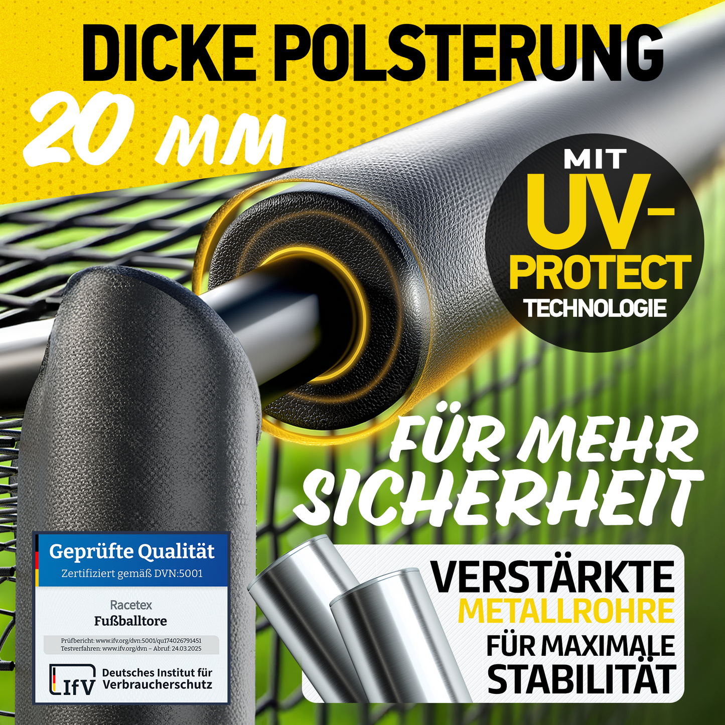 Racetex Fussballtore für Garten Kinder und Erwachsene mit [Anti-Rost Beschichtung] - Fußballtor Kinder inkl. Erdanker für optimalen Halt - Fußball Tor mit rundum Polsterung