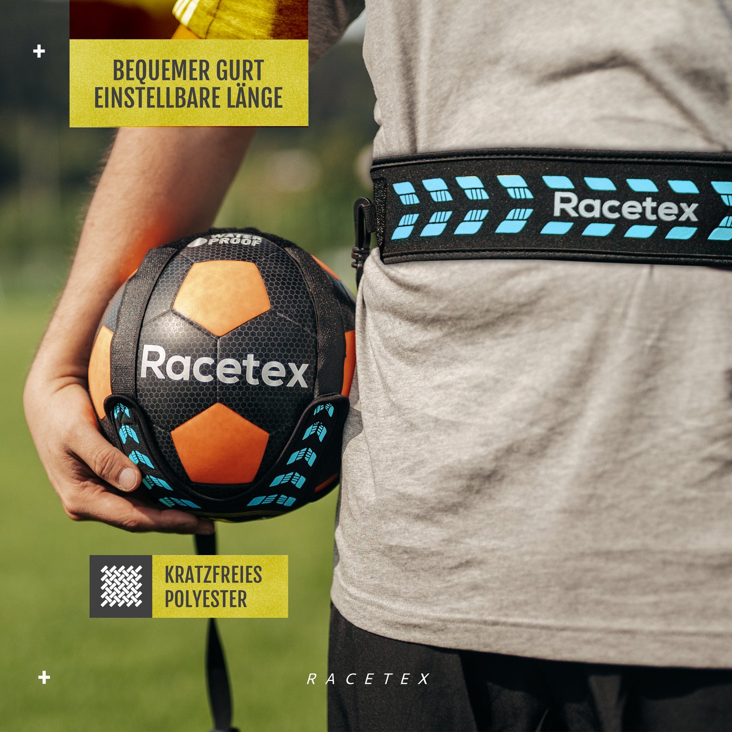 Racetex Fussballtrainer mit Schnur [EINSTELLBARE LÄNGE] - Das perfekte Trainingsgerät für Fußballer - Fussball Trainer Zubehör für Vereinskicker - Fußballtrainingsgürtel Geschenkidee