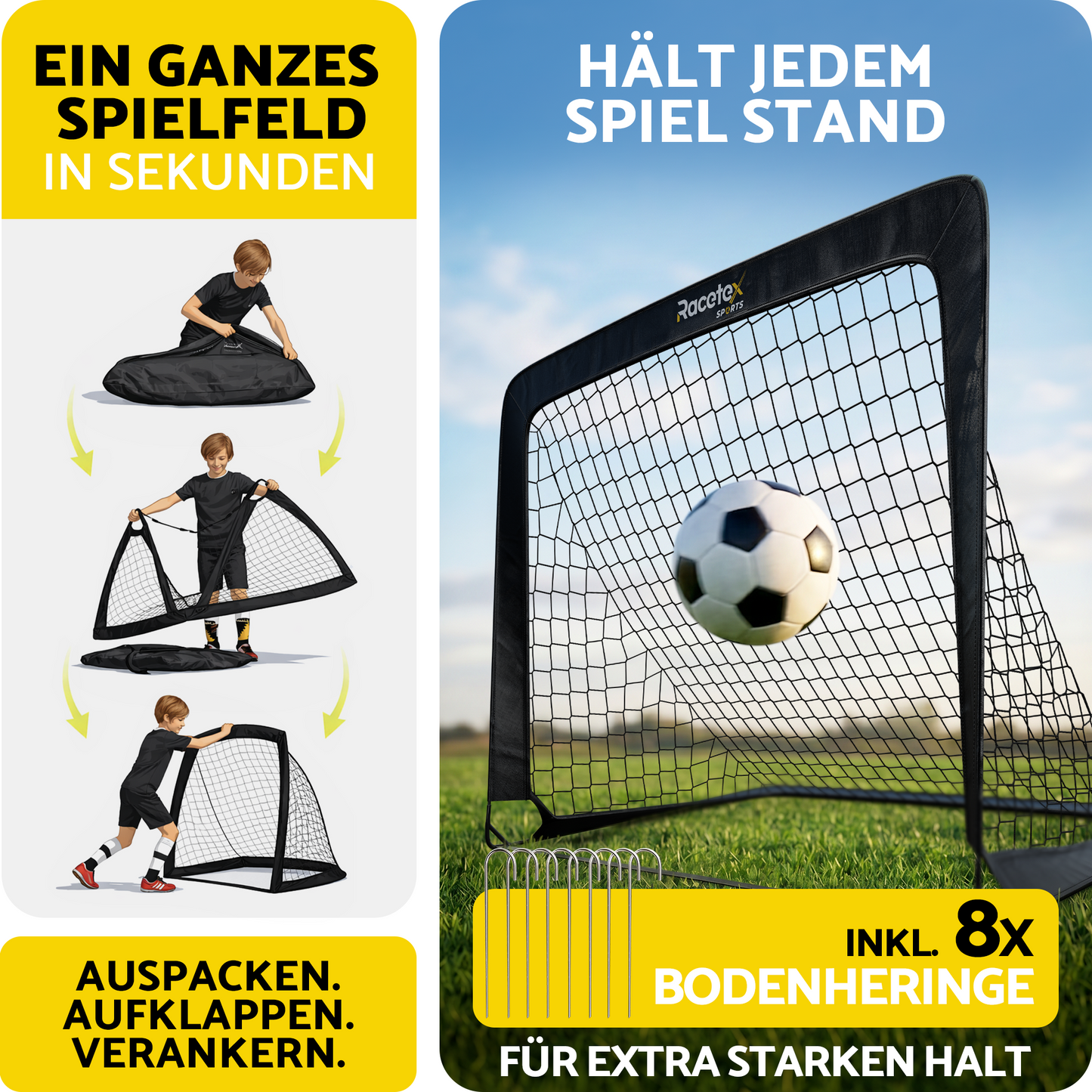 Racetex 2er Fußballtor Kinder Set - Fußball Tore inkl. nützlicher Tasche zum Transportieren - Version mit verstärkten Glasfaserstangen - Fussballtore für den Garten oder Park