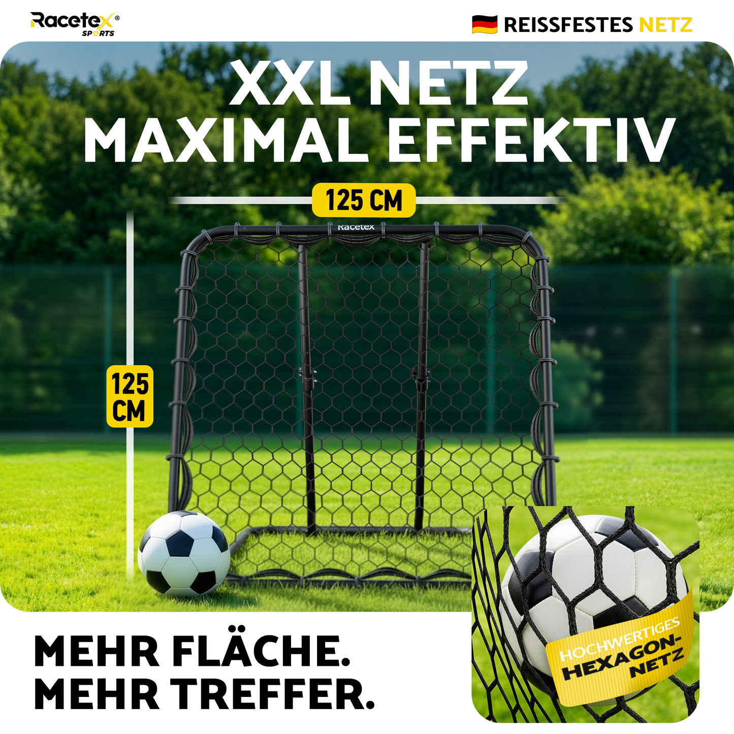 Racetex Rebounder für Fußball XXL [125cm x 125cm] - Fussball Rebounder mit robuster Konstruktion und stufenlos verstellbarem Winkel - Rebounder für optimales Schuss- und Annahme-Training