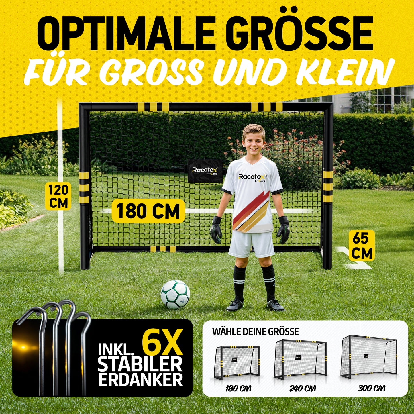 Racetex Fussballtore für Garten Kinder und Erwachsene mit [Anti-Rost Beschichtung] - Fußballtor Kinder inkl. Erdanker für optimalen Halt - Fußball Tor mit rundum Polsterung