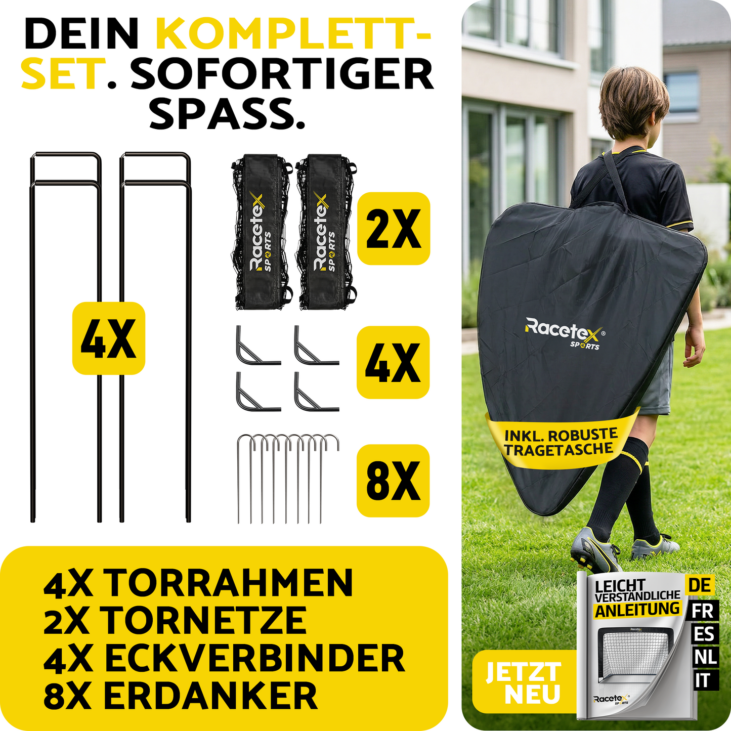 Racetex 2er Fußballtor Kinder Set - Fußball Tore inkl. nützlicher Tasche zum Transportieren - Version mit verstärkten Glasfaserstangen - Fussballtore für den Garten oder Park