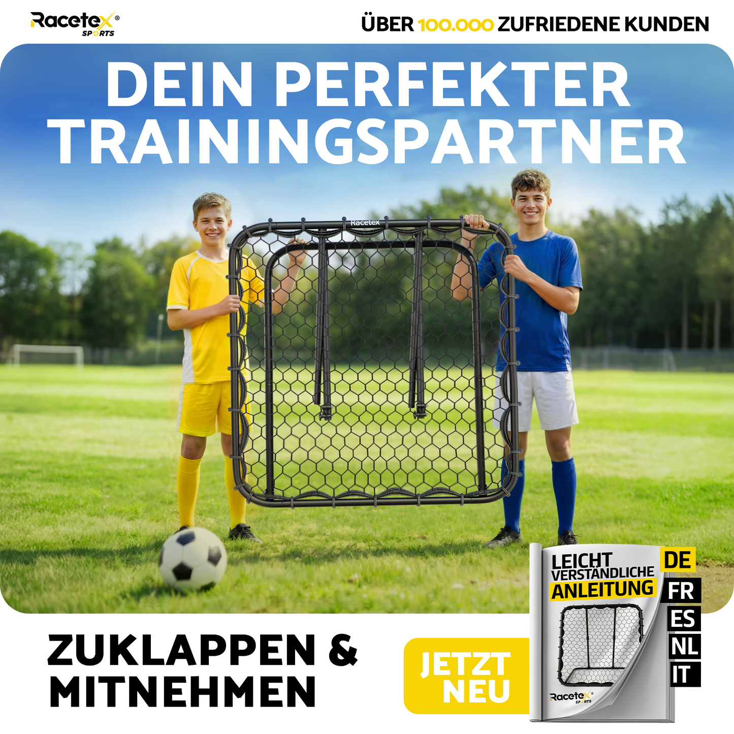 Racetex Rebounder für Fußball XXL [125cm x 125cm] - Fussball Rebounder mit robuster Konstruktion und stufenlos verstellbarem Winkel - Rebounder für optimales Schuss- und Annahme-Training