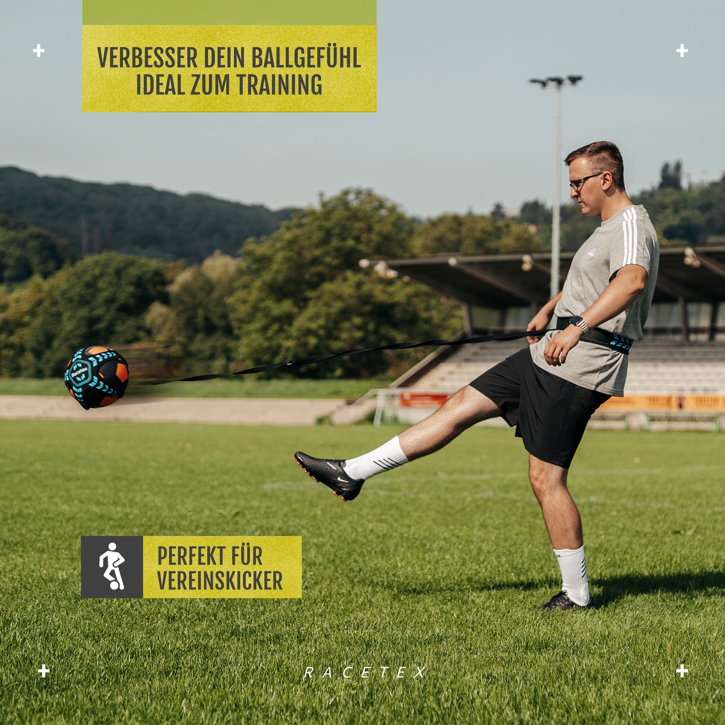 Racetex Fussballtrainer mit Schnur [EINSTELLBARE LÄNGE] - Das perfekte Trainingsgerät für Fußballer - Fussball Trainer Zubehör für Vereinskicker - Fußballtrainingsgürtel Geschenkidee