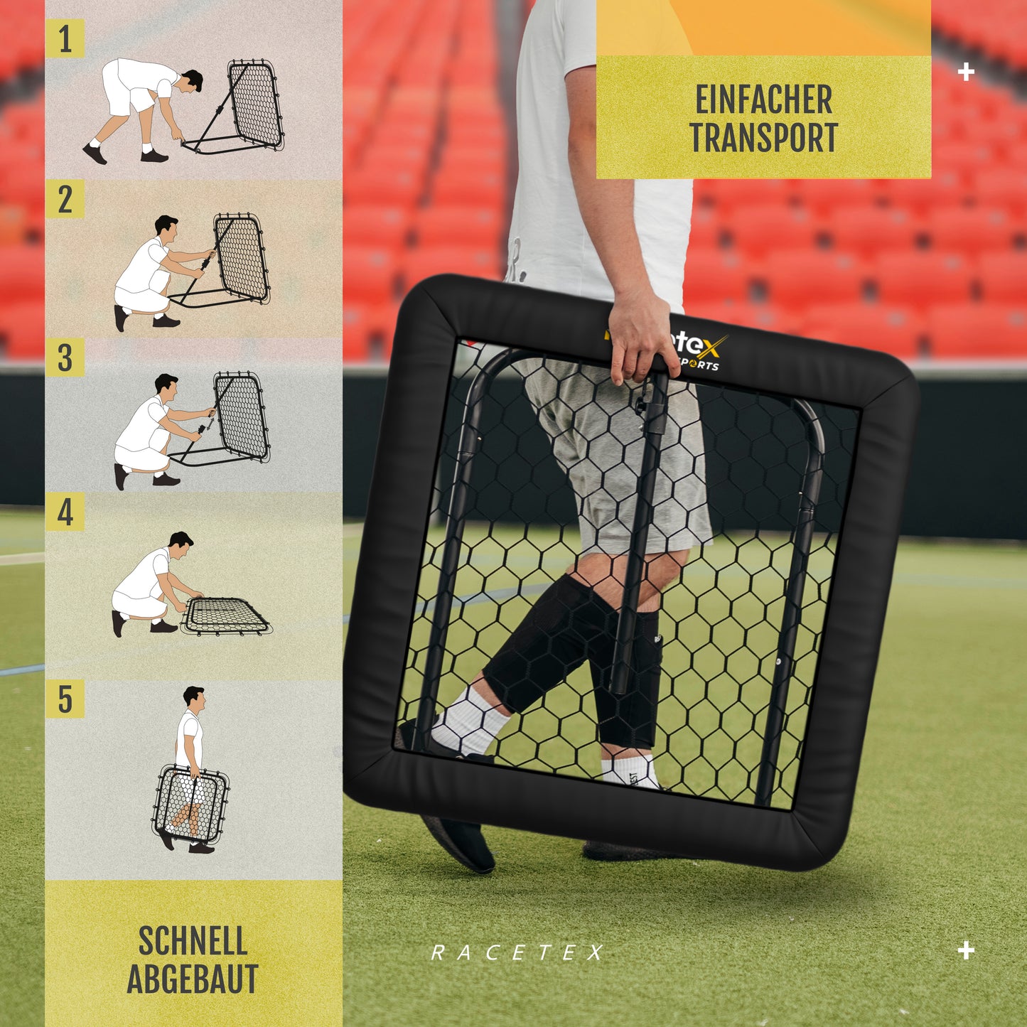 Racetex Rebounder für Fußball 100x100 cm [MIT COVER] - Fussball Rebounder mit robuster Konstruktion - Stufenlos Verstellbar - Rebounder für optimales Schuss-, Pass- und Annahme-Training