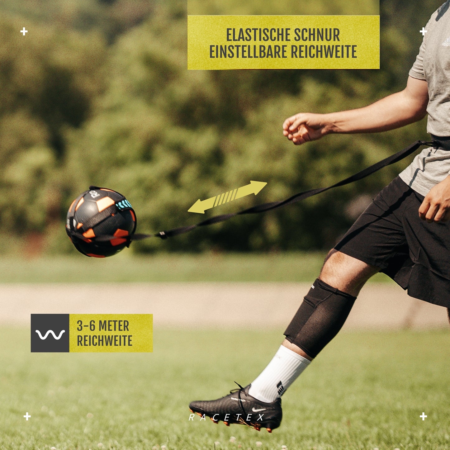 Racetex Fussballtrainer mit Schnur [EINSTELLBARE LÄNGE] - Das perfekte Trainingsgerät für Fußballer - Fussball Trainer Zubehör für Vereinskicker - Fußballtrainingsgürtel Geschenkidee