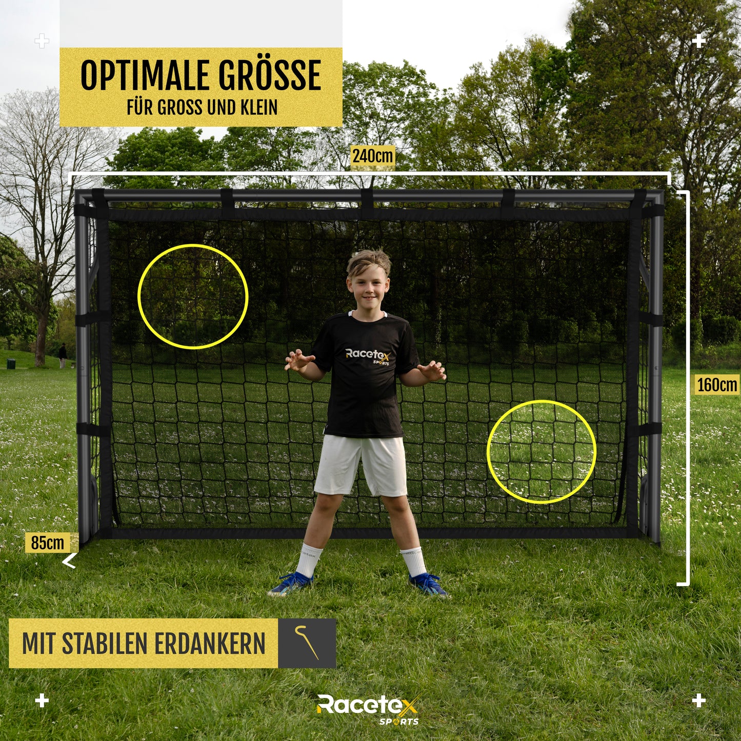 Racetex Fussballtore für Garten Kinder [MIT TORWAND] – Robustes Fußballtor Kinder und Erwachsene mit Stahlrahmen Front und wetterfestem Fußballnetz – Das Fußball Tor für den Garten