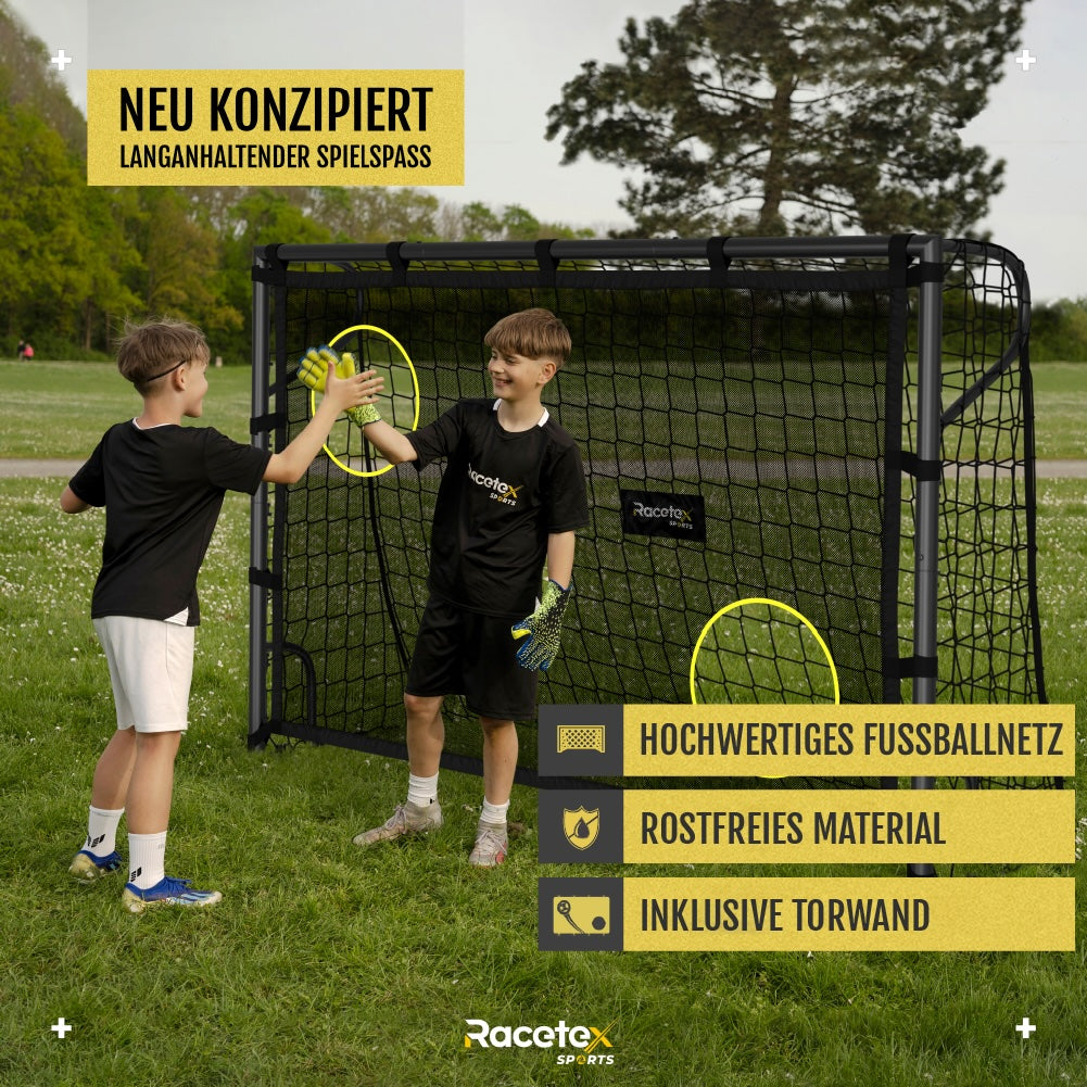 Racetex Fussballtore für Garten Kinder [MIT TORWAND] – Robustes Fußballtor Kinder und Erwachsene mit Stahlrahmen Front und wetterfestem Fußballnetz – Das Fußball Tor für den Garten