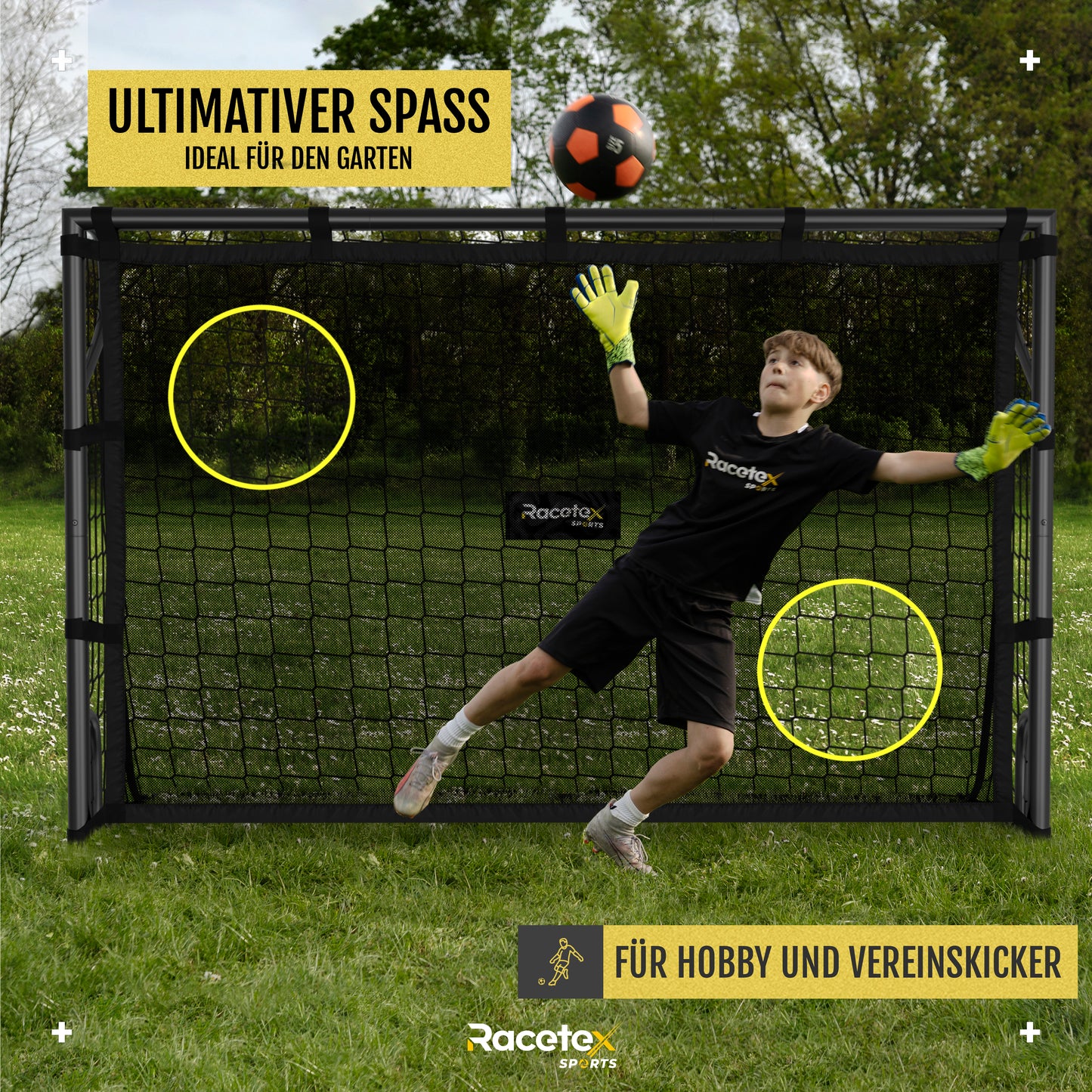Racetex Fussballtore für Garten Kinder [MIT TORWAND] – Robustes Fußballtor Kinder und Erwachsene mit Stahlrahmen Front und wetterfestem Fußballnetz – Das Fußball Tor für den Garten