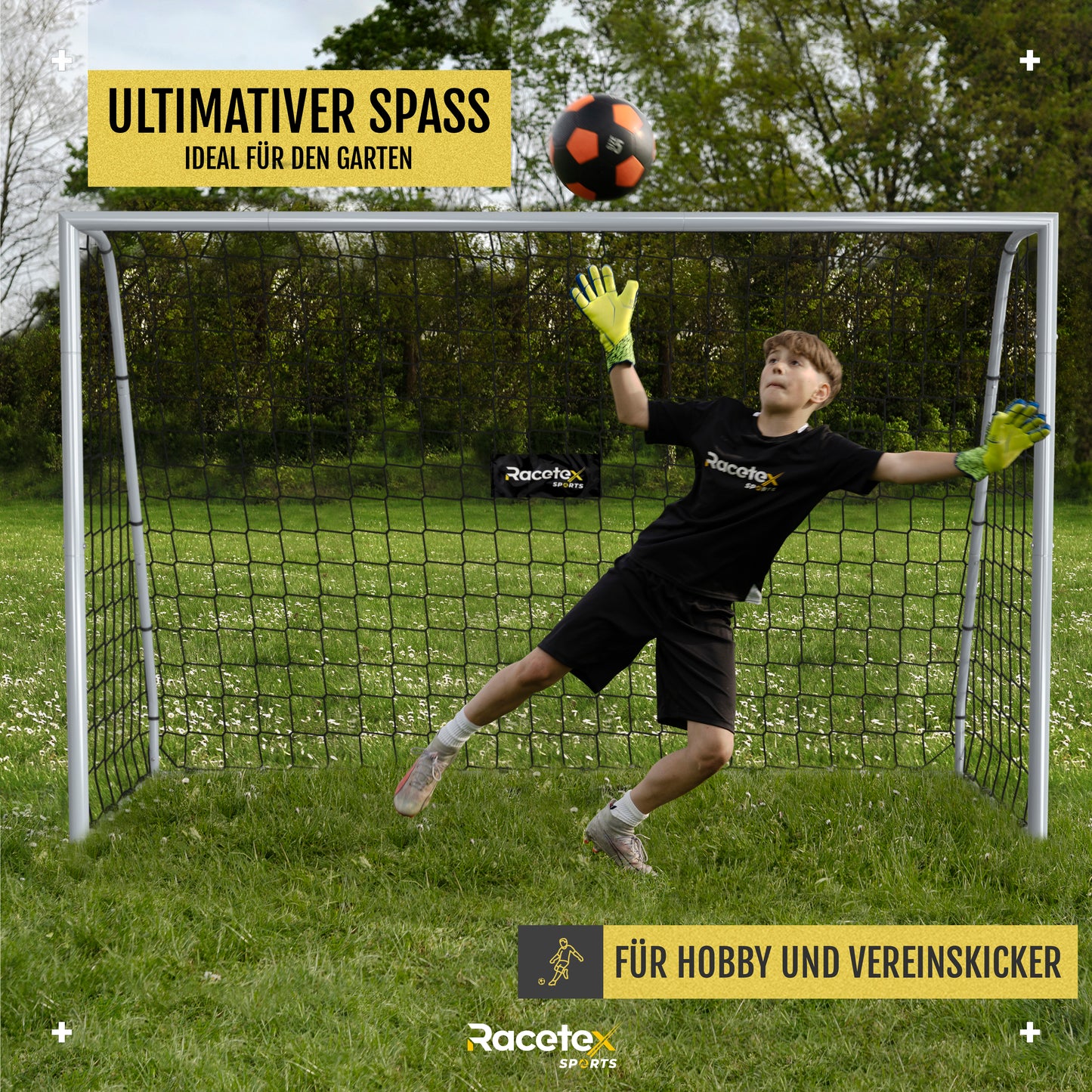 Racetex Fussballtore für Garten Kinder [WETTERFEST] - Fußballtor Kinder und Erwachsene mit stabilem Metallrahmen und Erdankern – Komfortabel aufzubauendes Fußball Tor
