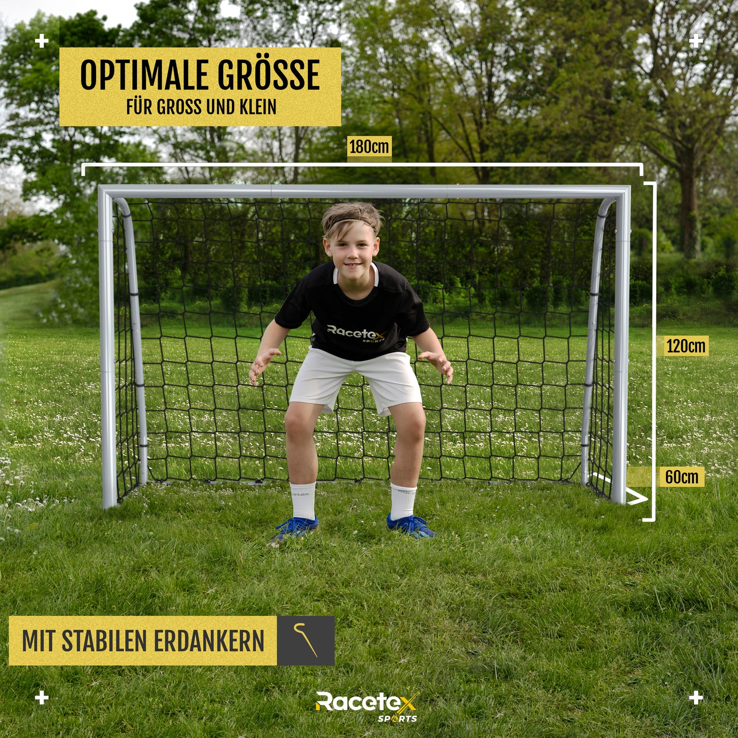 Racetex Fussballtore für Garten Kinder [WETTERFEST] - Fußballtor Kinder und Erwachsene mit stabilem Metallrahmen und Erdankern – Komfortabel aufzubauendes Fußball Tor