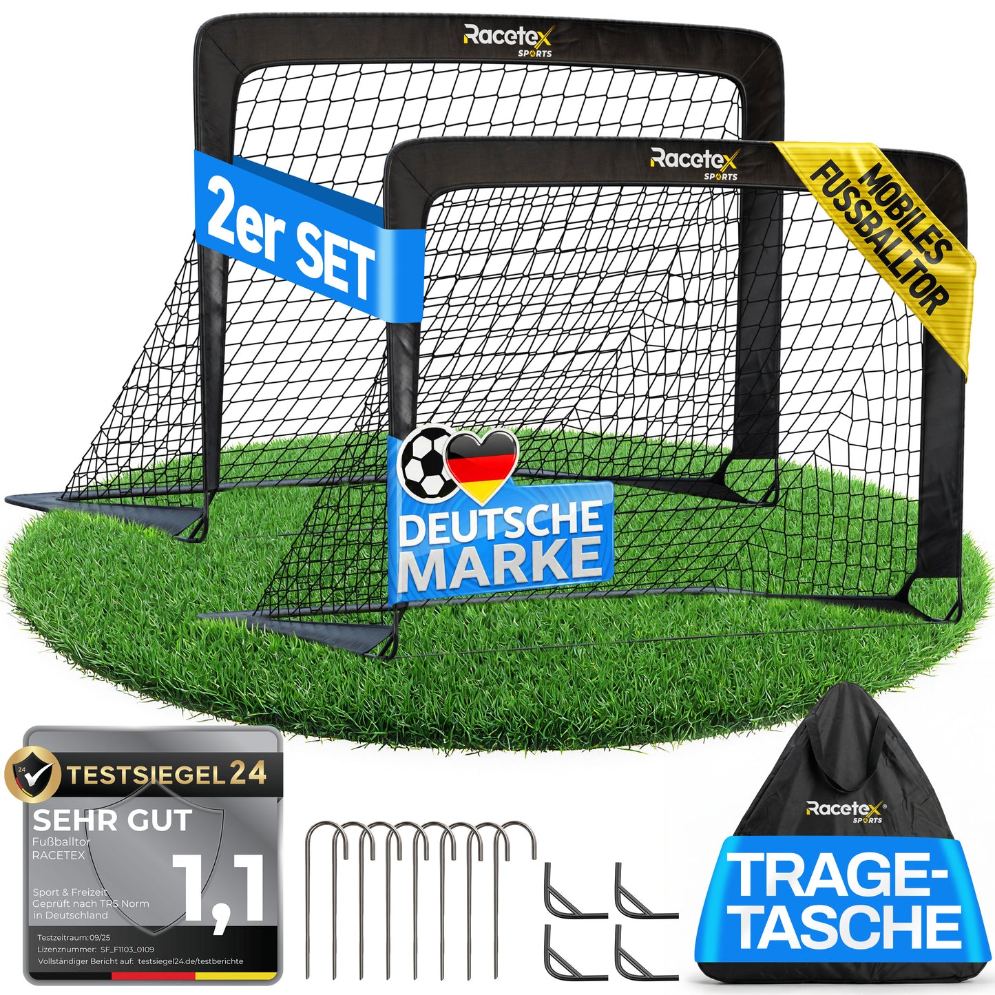 Racetex 2er Fußballtor Kinder Set - Fußball Tore inkl. nützlicher Tasche zum Transportieren - Version mit verstärkten Glasfaserstangen - Fussballtore für den Garten oder Park