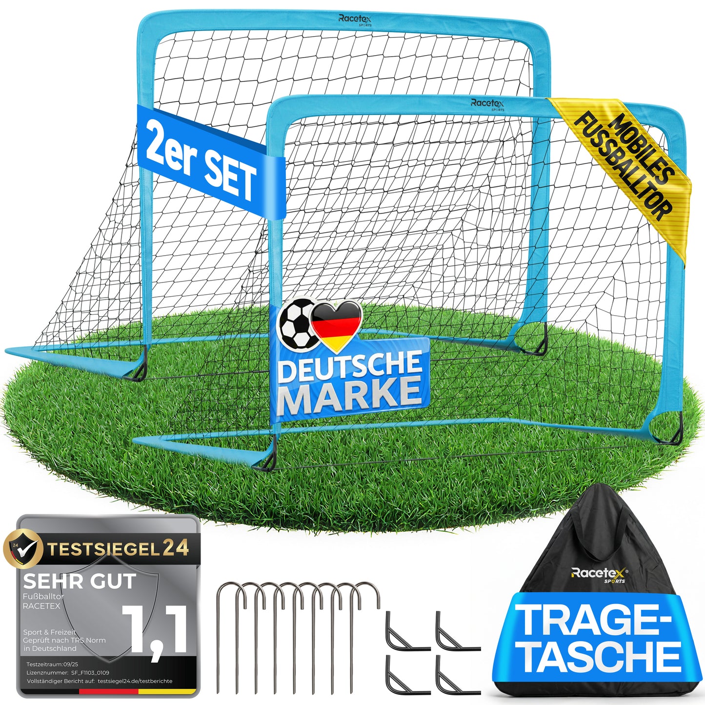 Racetex 2er Fußballtor Kinder Set - Fußball Tore inkl. nützlicher Tasche zum Transportieren - Version mit verstärkten Glasfaserstangen - Fussballtore für den Garten oder Park