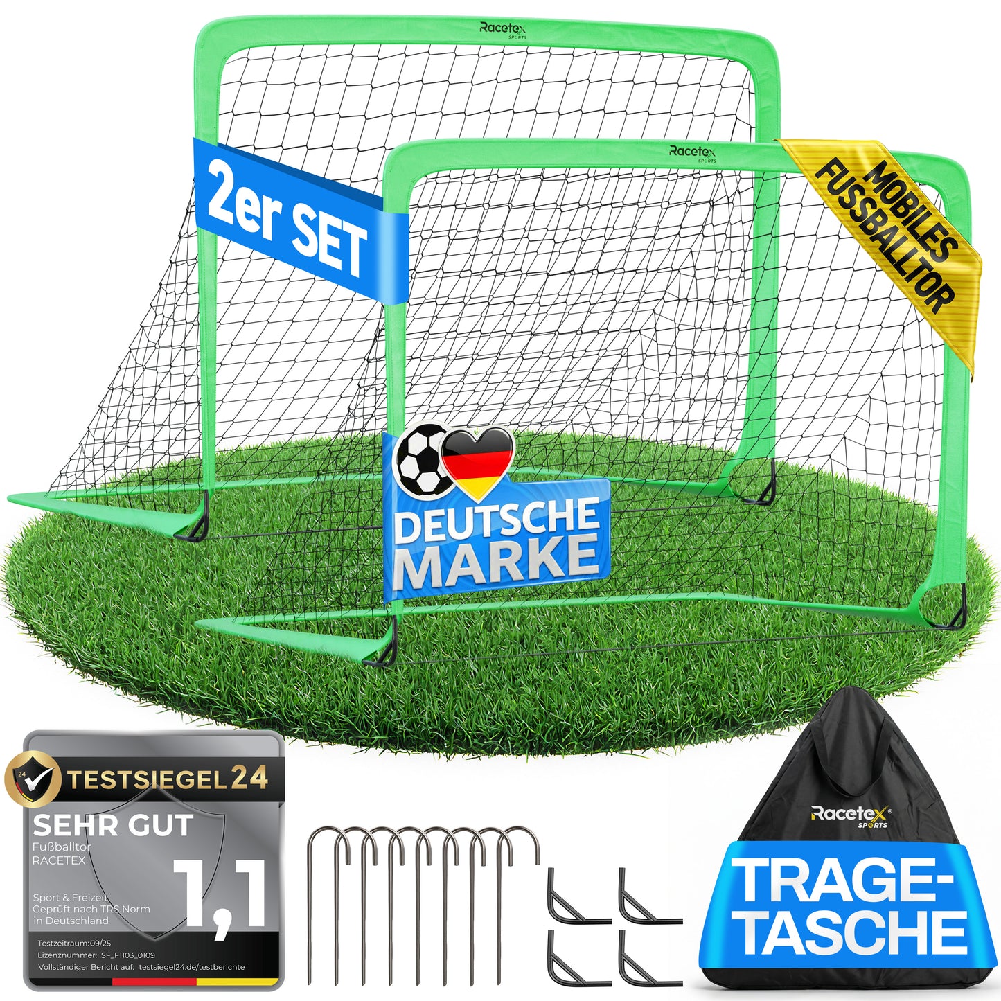Racetex 2er Fußballtor Kinder Set - Fußball Tore inkl. nützlicher Tasche zum Transportieren - Version mit verstärkten Glasfaserstangen - Fussballtore für den Garten oder Park