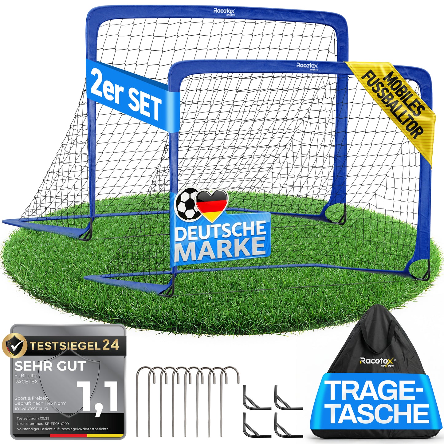 Racetex 2er Fußballtor Kinder Set - Fußball Tore inkl. nützlicher Tasche zum Transportieren - Version mit verstärkten Glasfaserstangen - Fussballtore für den Garten oder Park