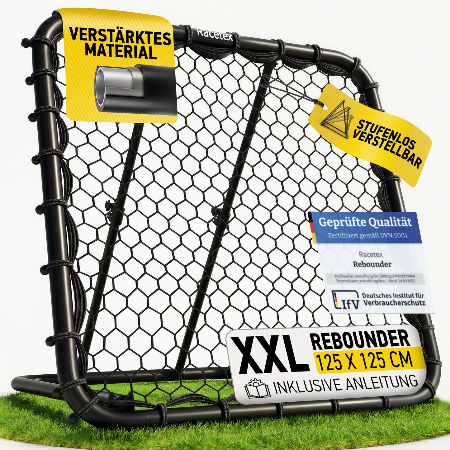Racetex Rebounder für Fußball XXL [125cm x 125cm] - Fussball Rebounder mit robuster Konstruktion und stufenlos verstellbarem Winkel - Rebounder für optimales Schuss- und Annahme-Training