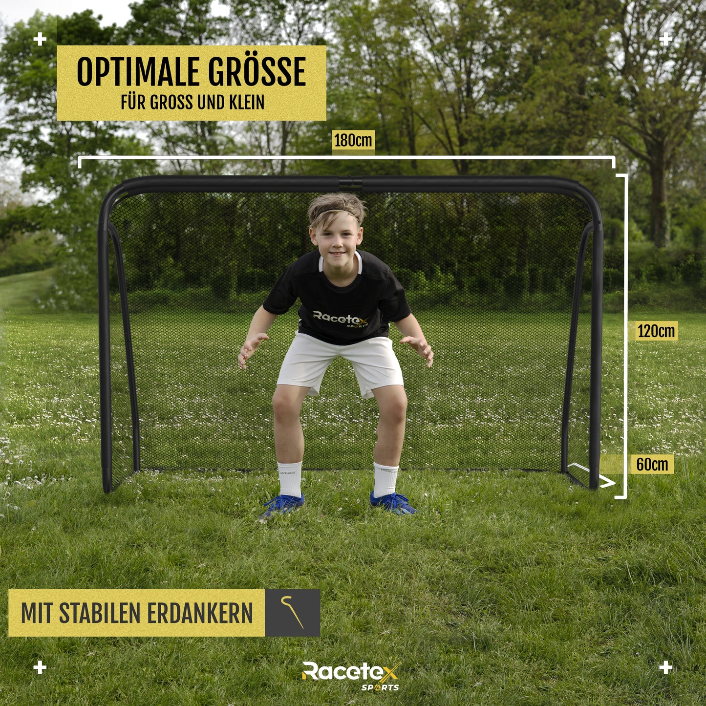 Fussballtor (120cm x 180cm) für Garten Kinder und Erwachsene [MODERNES DESIGN] - stabiler Stahlrahmen - inkl. Edelstahl Erdankern - Stilvolles Fußball Tor