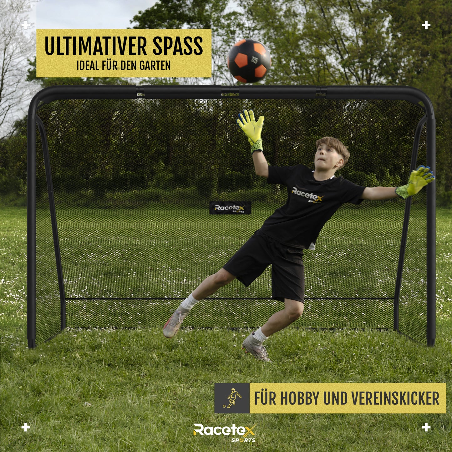 Fussballtor (120cm x 180cm) für Garten Kinder und Erwachsene [MODERNES DESIGN] - stabiler Stahlrahmen - inkl. Edelstahl Erdankern - Stilvolles Fußball Tor