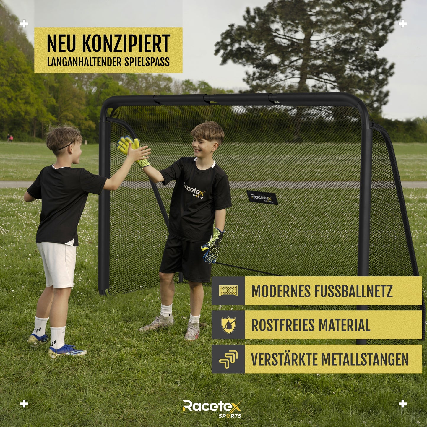 Fussballtor (120cm x 180cm) für Garten Kinder und Erwachsene [MODERNES DESIGN] - stabiler Stahlrahmen - inkl. Edelstahl Erdankern - Stilvolles Fußball Tor