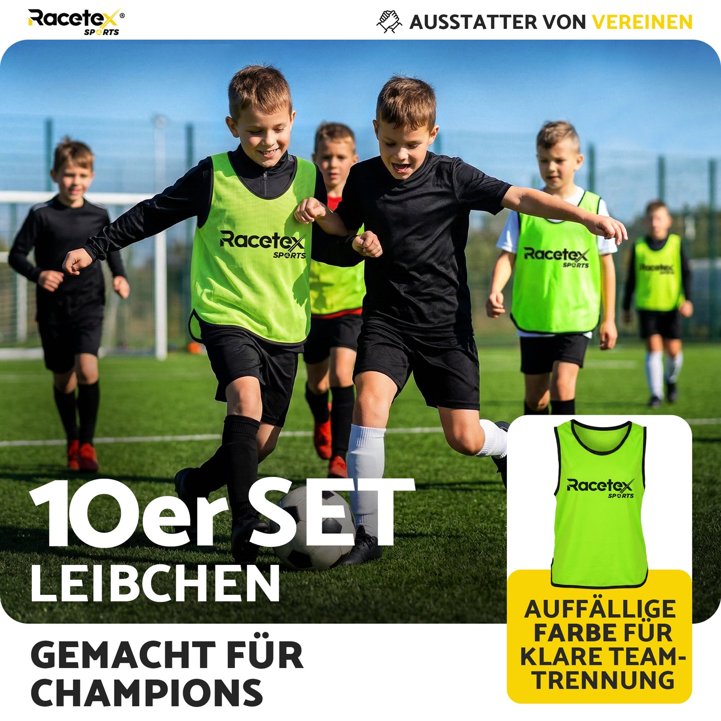 Racetex Leibchen Fussball Kinder und Herren 10er Set – Leibchen Fussball Herren und Damen – Leibchen Kinder mit atmungsaktives Mesh, leuchtende Farbe inkl. Netzbeutel für mühelose Mitnahme