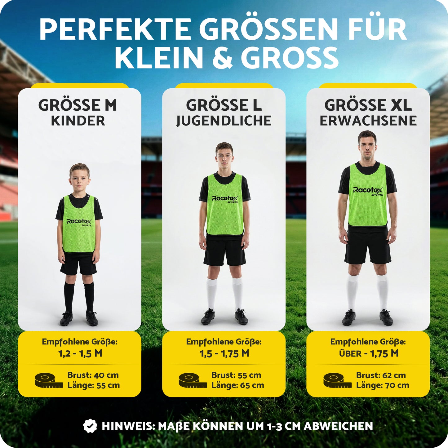 Racetex Leibchen Fussball Kinder und Herren 10er Set – Leibchen Fussball Herren und Damen – Leibchen Kinder mit atmungsaktives Mesh, leuchtende Farbe inkl. Netzbeutel für mühelose Mitnahme